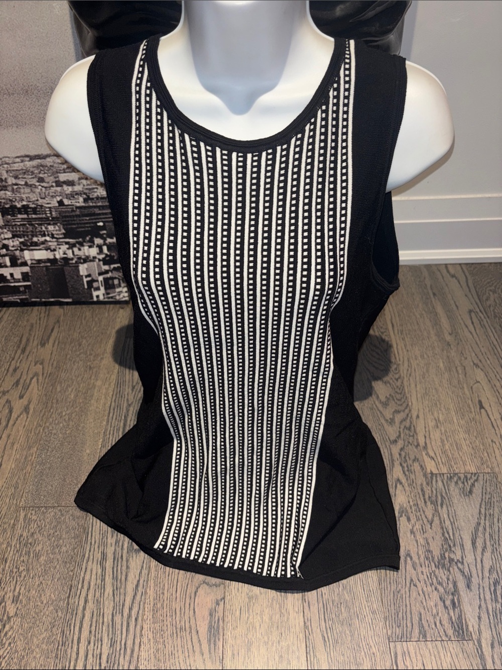 White House Black Market Black Tank with Vertical White Patterned Panel
